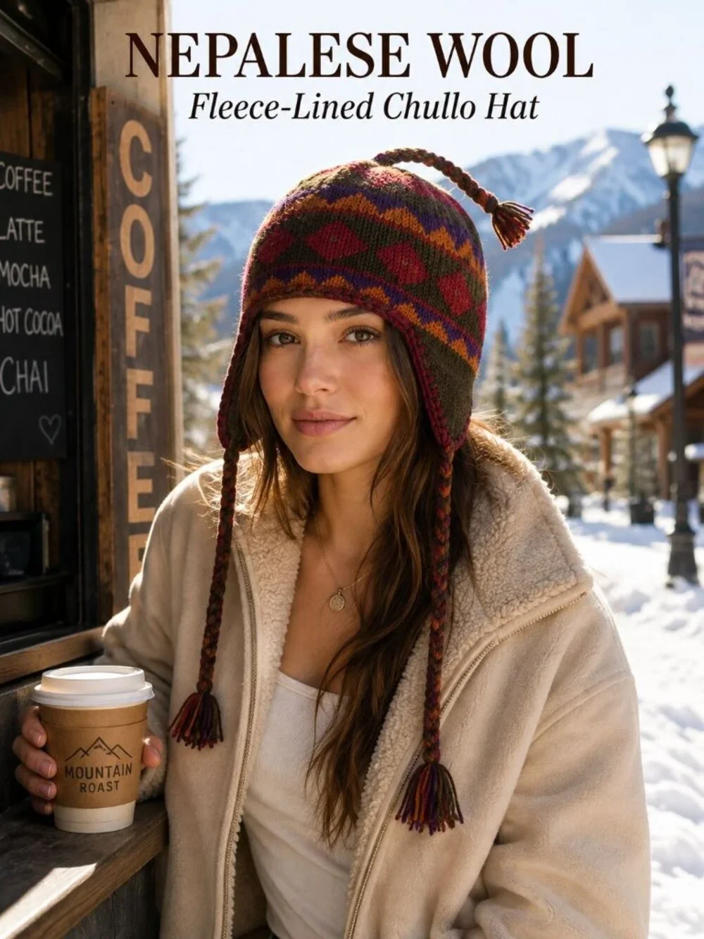 Nepalese 100% Wool Chullo Hat Fleece Lined Ear Flap Boho Hippie Multicolor